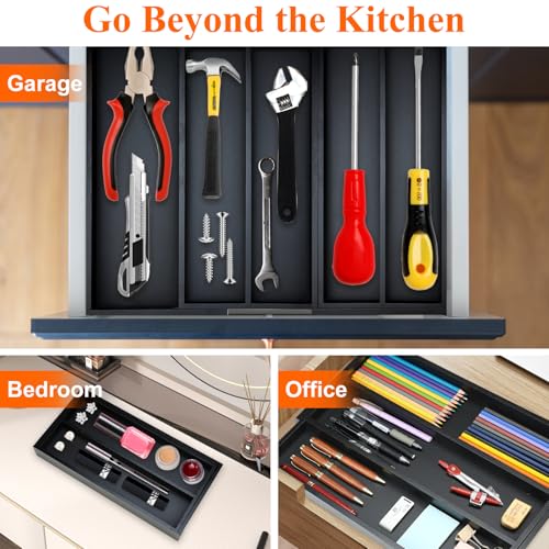 Expandable Black Bamboo Kitchen Utensils Drawer Organizer Silverware Tray ((8"-12.6")x 15.7" / Black)