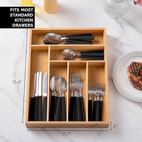 Bamboo Kitchen Utensil Set with Drawer Organizer (Black / 25 Piece Cutlery Set)