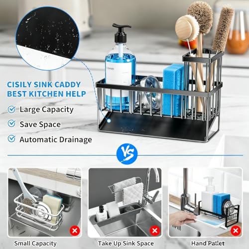 Sink Caddy Sponge Holder for Kitchen with Brush Holder and Stainless Steel Self Drain Tray (9.25'' / Black)