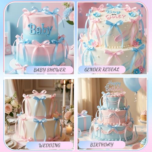 30 Pack Pink Blue Bow Cake Toppers Ribbon Bows for Cake (Pink, Blue)
