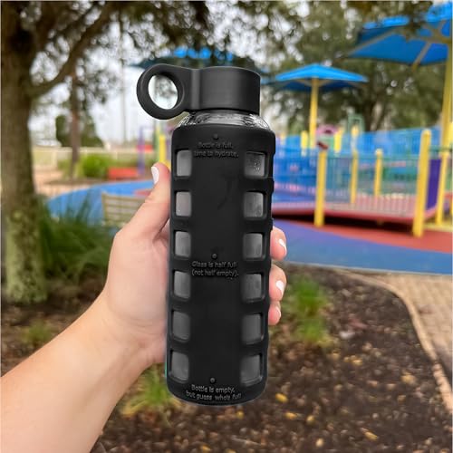 40oz / 32oz / 22oz / 12oz Borosilicate Glass Water Bottle with Time & Volume Markers, Silicone Sleeve, Stainless Steel Lid | Reusable Glass Bottle for Water & Juice (12oz Jet Black) (Jet Black (1 Count) / 12 Ounces)