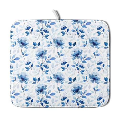 Blue Floral Dish Drying Mat 16x18 inch Flower Leaves Dish Rack Pad Microfiber Washable Dishes Drainer Pad Kitchen Countertop Accessories (Blue Floral / 16 x 18 inch)