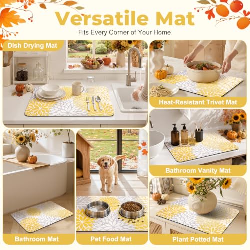 Fall Dish Drying Mat 12" x 20" Absorbent Floral Coffee Mat Yellow (Yellow / 12" x 20")
