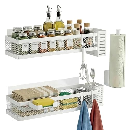 5-in-1 16.5" Extra Long Slim Wall Mount Wrapped Mesh Kitchen Organizer & Shower Caddy Kit, with Paper Towel Holder, Utensil Holder, Soap Dish, Holds 50LBS - White, Netting (White / 5-in-1 Full Mesh (16.5" Extra Long))