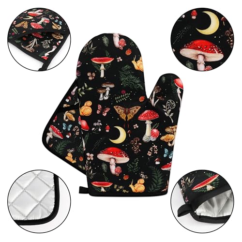 Mushroom Oven Mitts and Pot Holders Sets Cute Oven Gloves Heat Resistant 4 Pcs Funny Decorative Kitchen Hot Pads and Mitts for Baking Cooking Grilling (Black Red)