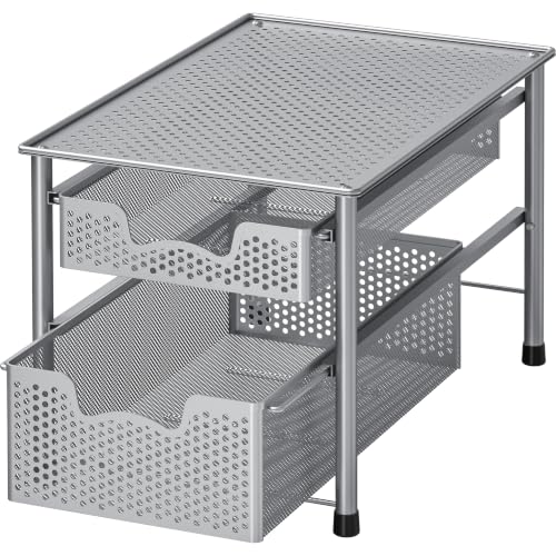 Stackable 2 Tier Sliding Basket Organizer Drawer (2-Tier / Silver)