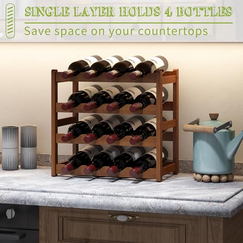 Bamboo Wine Rack Wine Storage Cabinet Shelf 16 Bottle Wine Racks Countertop Sturdy for Kitchen Dining Room Pantry (Brown / 4 Tier)