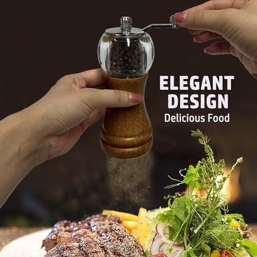 Salt and Pepper Grinder Set Wooden Manual Pepper Mill Fresh Ground Spices (Walnut color 2pcs-6in)