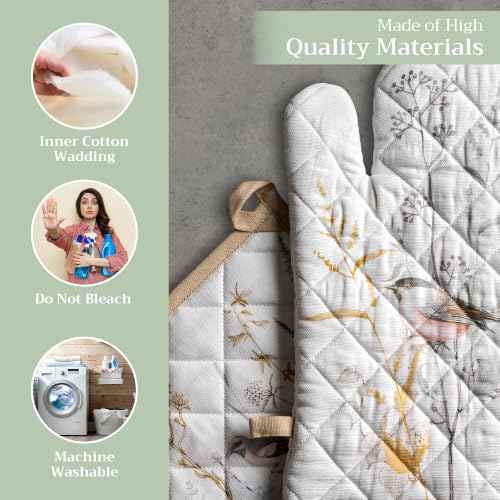 100% Cotton Oven Mitt & Pot Holder Set (088 - Meadow Florals - Beige / 7.5" x 13" & 8" x 8" (Oven Mitt & Pot Holder))
