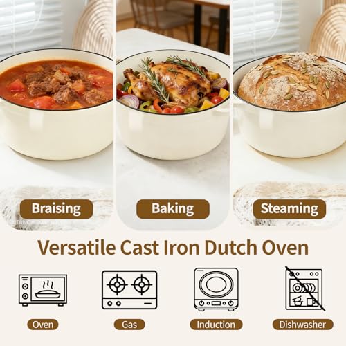 Enameled Cast Iron Dutch Oven pot 6.5 QT with Lid for Bread Baking (Cream White)