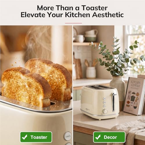 Toasters 2 Slice Retro Stainless Steel Toasters with Bagel (2 Slice / Beige)