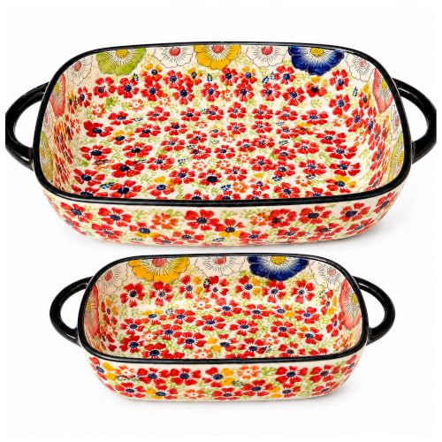 2 Piece Polish Pottery Style Ceramic Baking Dish Set (Coral Confetti)