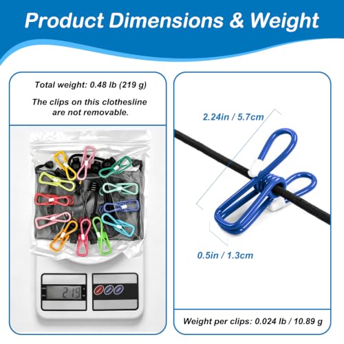 Retractable Portable Travel Clothesline Camping Clothing Line with 12 Clips (12 Foot)