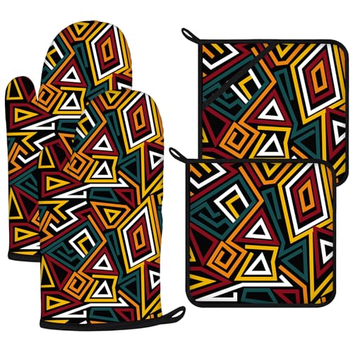 African Geometric Figures Oven Mitts and Pot Holders Sets 4Pcs (Geometric Figures)