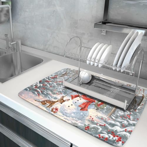 Winter Snowman Dish Drying Mat for Kitchen Counter Red Bird Berry Dishes Drainer Mats Holiday Microfiber Absorbent Dish Rack Pad 18x24 Inch (Winter Snowman Deer / 18" x 24")