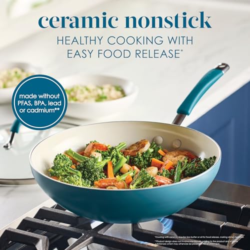 Cucina Ceramic Nonstick Stir Fry Pan and Lid (Wok (11") / Marine Blue)