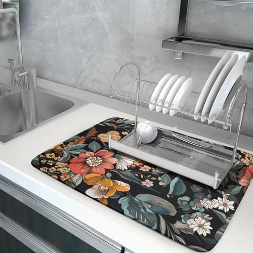 Vintage Floral Dish Drying Mat 18x24 inch Boho Flower Drainer Mats Fast Dry Absorbent Washable Dish Rack Pad Protector Kitchen Accessories (Vintage Floral / 18 x 24 inch)