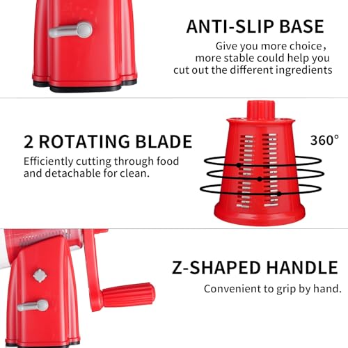 Upgrade Rotary Cheese Grater Shredder with Handle (Red)