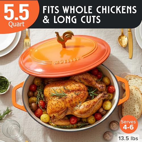 MUELLER HOME 5.5 Quart Enameled Cast Iron Oval Dutch Oven w Rooster Knob & Cotton Potholders (5.5 Quart -Oval / Orange)