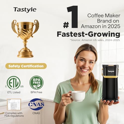 Mini Single Serve Coffee Maker for K Cups and Grounds with Handle (Black and Gold)
