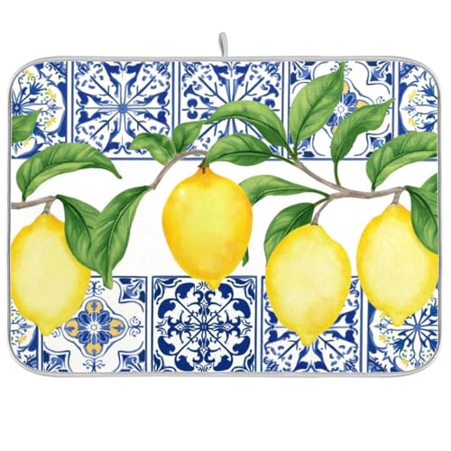Lemon Blue Tiles Dish Drying Mat for Kitchen Counter Absorbent Microfiber Drying Pad (16" x 18")