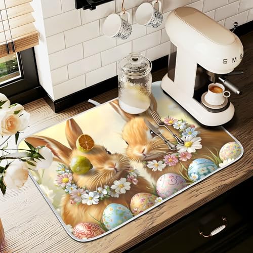 Cute Rabbit Bunny Easter Eggs Dish Drying Mat for Kitchen Counter Absorbent Microfiber Small Drying Pad Dish Mats for Kitchen Countertops 16 x 18 Inch (18" x 16")