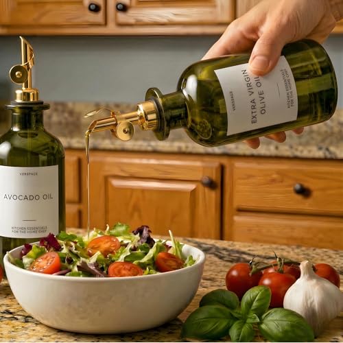 Green Glass Olive Oil Dispenser Bottles For Kitchen (Green/Gold / 17oz)