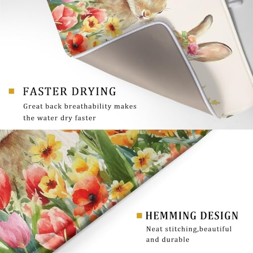 Easter Bunny Dish Drying Mat 18x24 inch Spring Floral Drying Pad Holiday Absorbent Microfiber Dishes Drainer Protector for Kitchen Counter (Bunny Floral / 18" x 18")