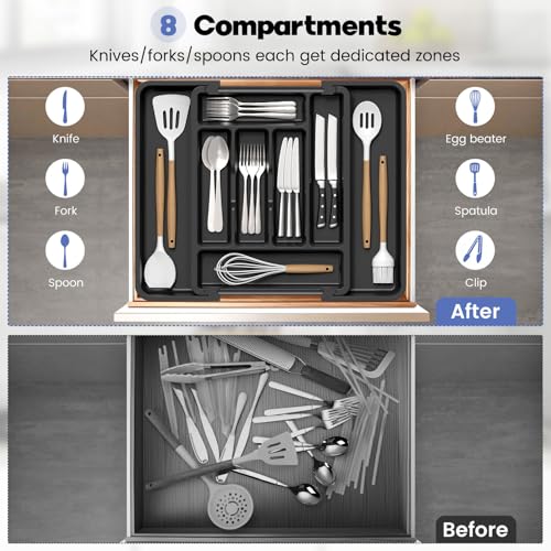 Large Silverware Organizer Tray for Kitchen Drawer Utensils Thicker (Dark Charcoal)