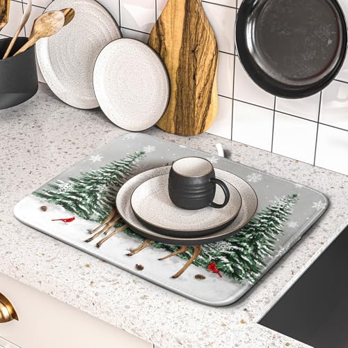 Winter Deer Dish Drying Mat Pine Tree Absorbent Dish Dry Pad Seasonal Microfiber Dish Drainer Mats for Kitchen Counter Coffee Bar 16x18 in (Deer Pine Tree / 16" x 18")