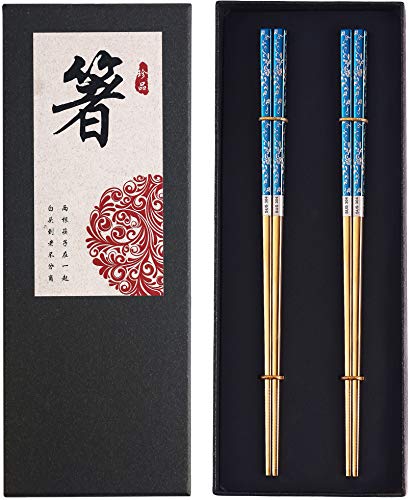 Metal Chopsticks Titanium Plated Stainless Steel Chopsticks Reusable Dishwasher safe Japanese Korean Chopstick lightweight Laser Engraved Anti (Blue gold)