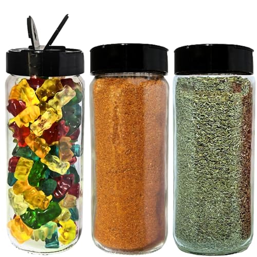 16oz Glass Spice Shakers with Lids (Tall Spice 16oz Black 7 Holes Set of 3)