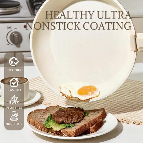 Ceramic Cookware Set Non Stick 8Pcs Pots and Pans Set Detachable Handle Induction Kitchen Cooking Set with Frying Pans Oven Dishwasher Safe (Cream White)