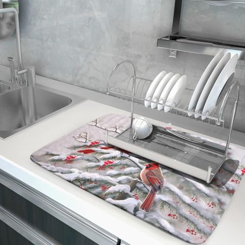 Red Birds Dish Drying Mat Winter Berry Dish Drainer Mats Absorbent Reversible Microfiber Kitchen Countertop Protector Dishes Pad 18x24 inch (Winter Red Bird / 18" x 24")