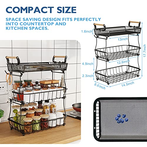 3 Tier Fruit Basket with 2 Banana Hangers (Black (3 Tier with Banana Hangers - Mesh Top))