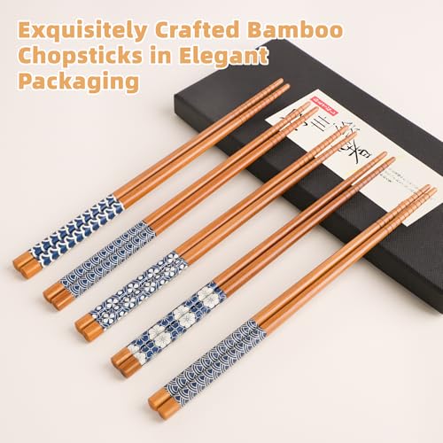 5 Pairs Natural Bamboo Chopsticks Reusable Classic Japanese Style Chop Sticks Gift Sets (Natural Bamboo Style 2)