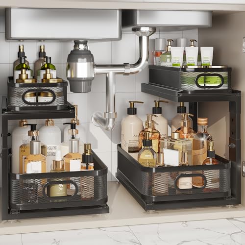 2 Pack Under Sink Organizer With Next (Black / 2 Pack-15.5"Dx12.4"-16.5"H)