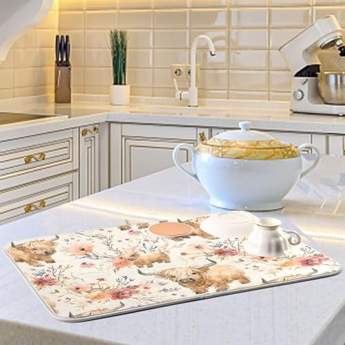 Cute Highland Cows Flowers Dish Drying Mat for Kitchen Counter Absorbent Microfiber Drying Pad (16" x 16")