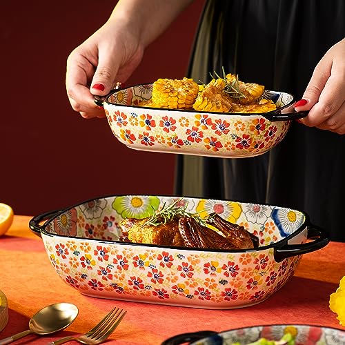 Retro pastoral style Ceramic Baking Dish Rectangular Bakeware Set Baking Pan (Romantic Flower)