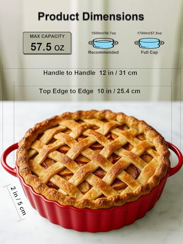 10×2in Deep Ceramic Pie Pan with Handles for Pie Quiche Tart Baking. Easy to grip (Red / 10IN*2IN)