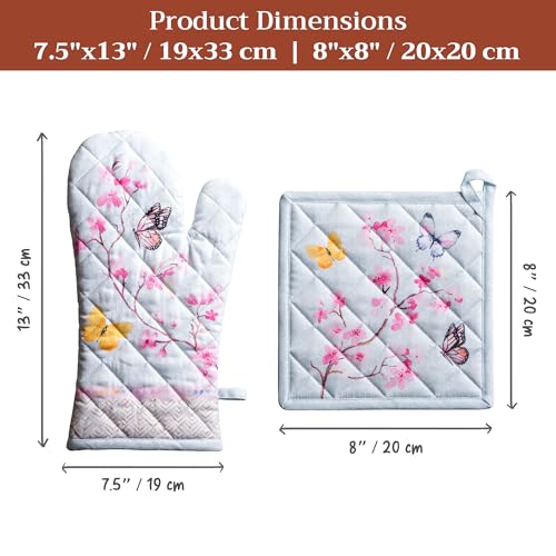 100% Cotton Oven Mitt & Pot Holder Set (050 - Blossoms in Spring / 7.5" x 13" & 8" x 8" (Oven Mitt & Pot Holder))