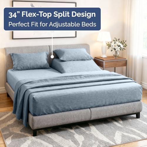 Flex Top Split Head King 4 Piece Sheet Set (39 - Heathered Blue / Split Head/Flex Top)