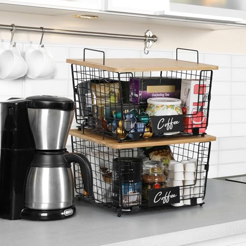 2 Set XXL Stackable Wire Basket with Bamboo Tops & Tag (XXL)