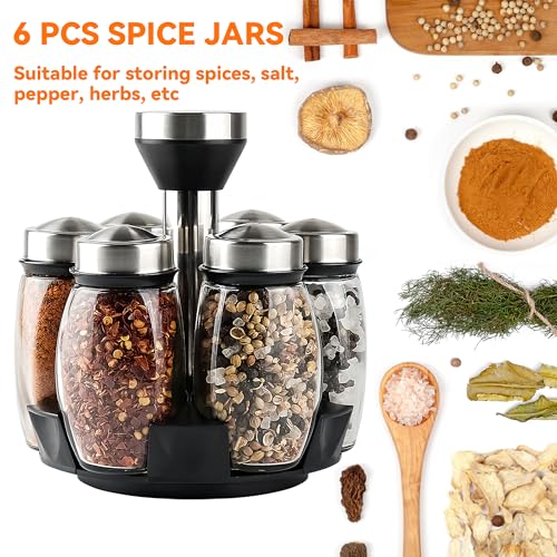 6 Pack Spinning Glass Spice Jars with Organizer Rack for Countertop