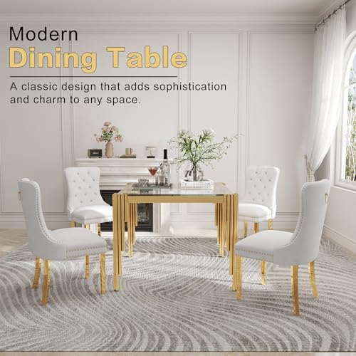 35'' Modern Square Glass Dining Table for 4 People (Gold-clear / Square-35.43" L x 35.43" W x 29.53" H)