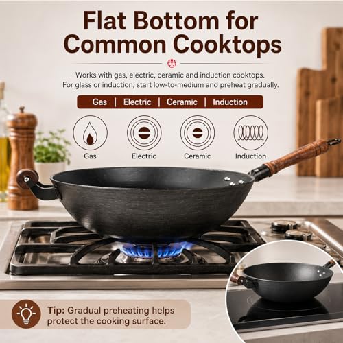 14.2 Inch Cast Iron Wok with Wooden Lid & Handle (14.2 Inch)