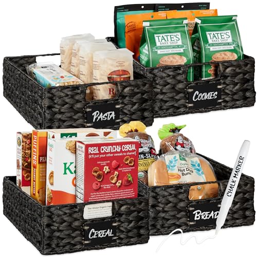Set of 4 16x12in Large Water Hyacinth Pantry Baskets (12x16x5in / Black)