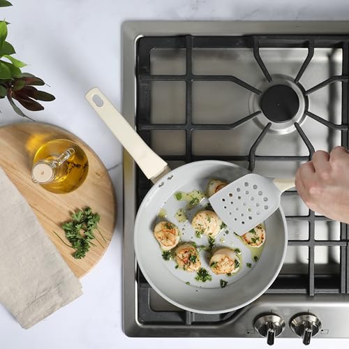 Barnsdall 10 Piece Premium PFA Free Ceramic Nonstick Pots and Pans Aluminum Induction Cookware Set W (8 & 9.5 Inches / Linen White)