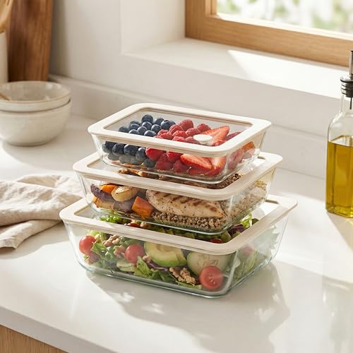 Glass Food Container Set with Silicone Glass Lid (White Sand-RT)