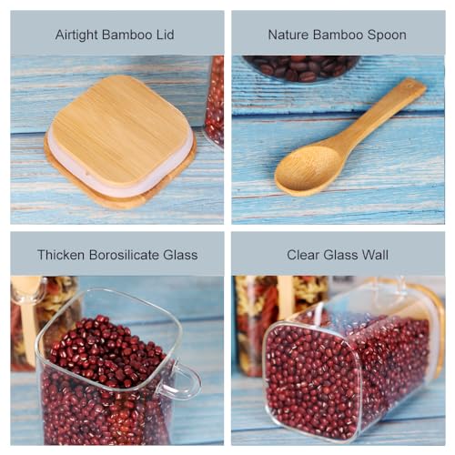 Glass Jar with Bamboo Lid and Spoon (Square/17oz*3/Bamboo Lid)